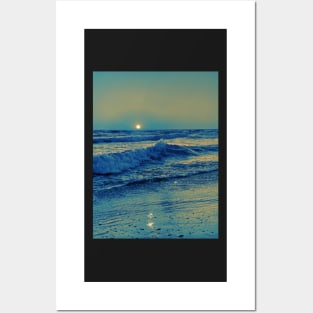 Photo of sunset on the ocean with waves and beach Posters and Art